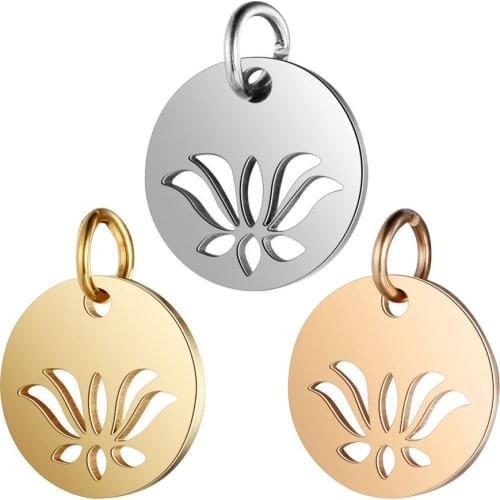 5pcs/lot 12mm Stainless Steel Flower Round Pendant Bracelet Charms DIY Crafting Jewelry Making Handicraft Accessories Wholesale