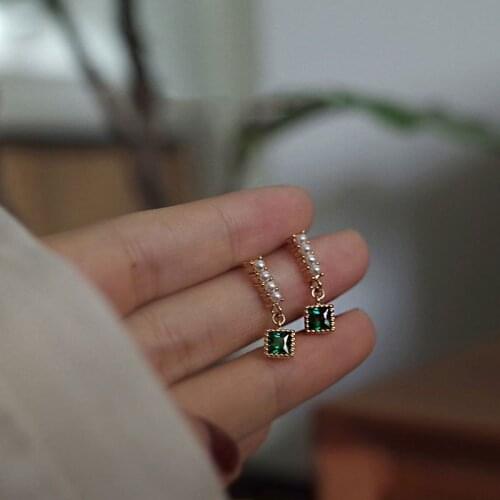 Cute Female Small Green Pearl Stud Earrings Crystal Stone Wedding Earrings 100% Real 925 Sterling Silver Earrings For Women