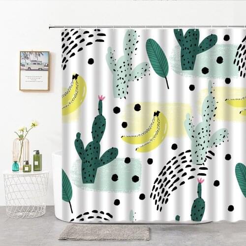 Cartoon Hand Drawn Cactus Shower Curtains Fabric Hook Childrens Room Ornament Home Bathroom Decor Background Cloth Bath Curtain