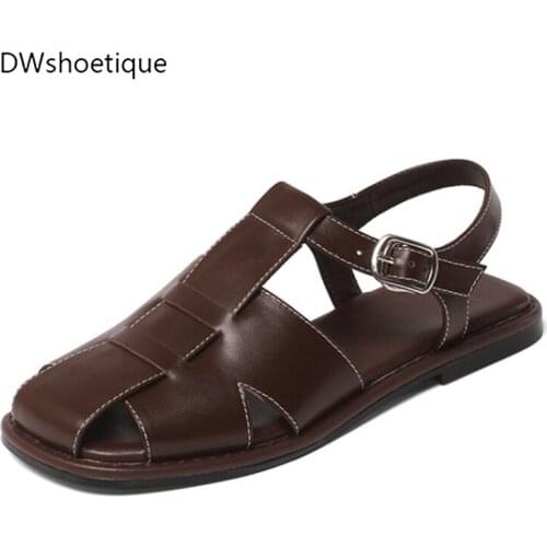 New summer women woven sandals genuine leather round toe flat sandals for ladies outdoor