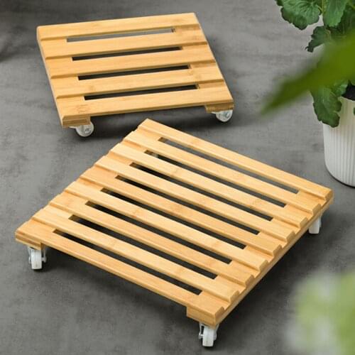 Plant Flower Pot Removable Tray With Roller Pulley Universal Wheel Wooden Bamboo Large Flower Pot Base