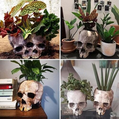 Resin Crafts Human Tooth Skull Fossils Teaching Skeleton Model Halloween Home Office Flower Pot Planter Skull Pot Decoration New