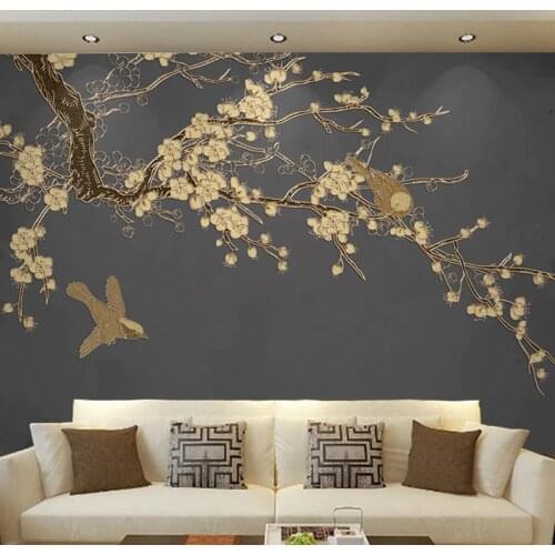 Custom Photo Wallpaper Chinese Style 3D Flower And Bird Golden Embossed Lines Mural Living Room TV Sofa Study Papel De Parede 3D