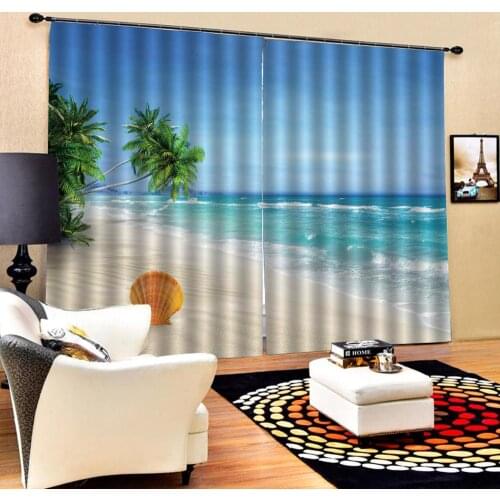 Blue beach landscape curtains Customized size Luxury Blackout 3D Window Curtains For Living Room Solid color curtain