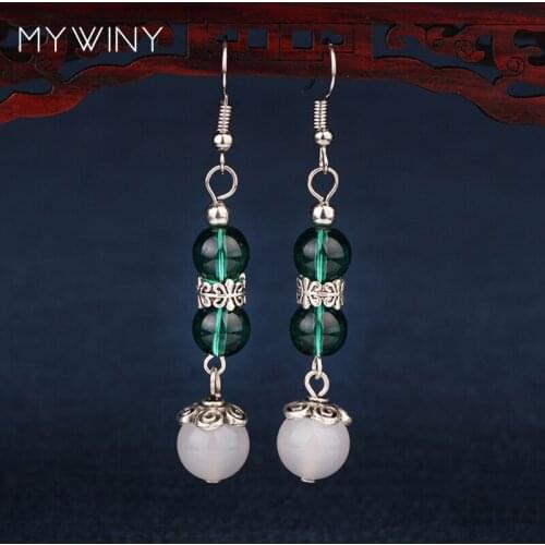 MYWINY Metal dangle ethnic green glass beads earrings ,vintage fashion Tibetan Silver earrings jewelry