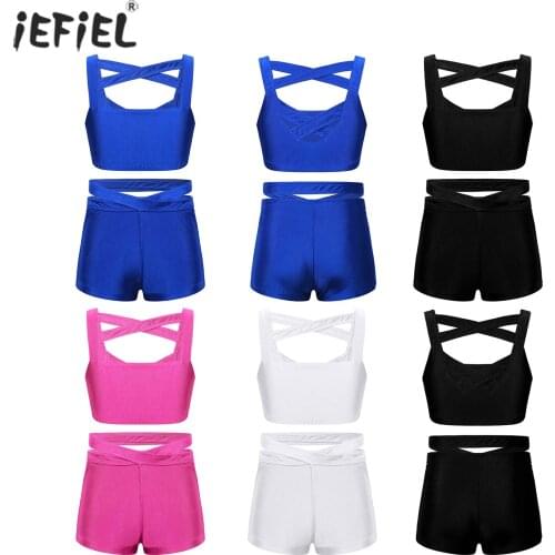 Kids Girls Strappy Cross Ballet Leotard Sports Crop Top Shorts Activewear Set for Ballet Dance Stage Performance Workout Clothes