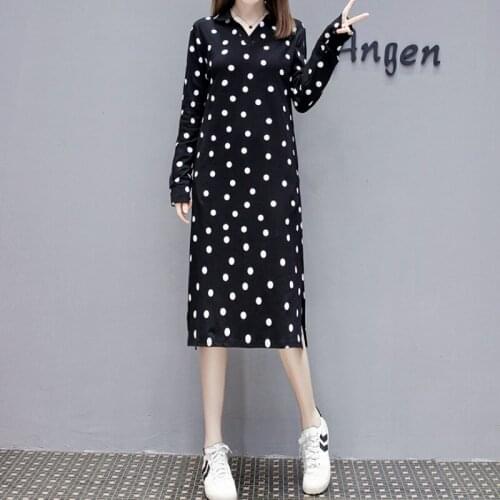 Women Polo T-shirt Dress Polka Dot Autumn Spring Fashion V Neck Long Sleeve Korean Casual Large Size Dresses for Woman 3XL 4XL