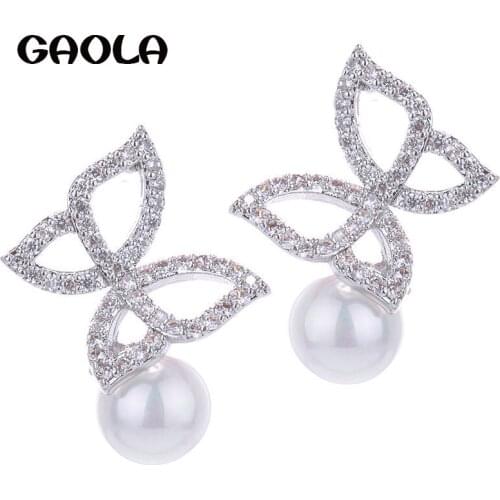GAOLA Fashion New Woman Delicate Butterfly Shape Rhinestone Earring Freshwater Pearl Stud Earring Hot Sale GLE5019