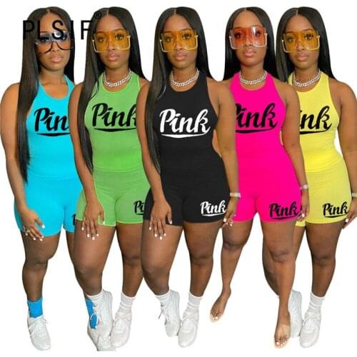 O Neck Summer Women Set Pink Letter Print 2 Pieces Crop Top And Shorts Tracksuits