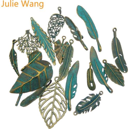 Julie Wang Random 14pcs Antique Bronze Feather Metal Alloy Pendant Charms Necklace Bracelet Jewelry Findings Making Accessories