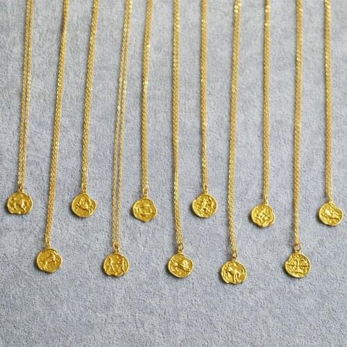 Amaiyllis 18k Gold 12 Constellation Vintage Embossed Pattern Coin Pendant Necklace Handmade Boho Clavicle Chain Necklace Jewelry