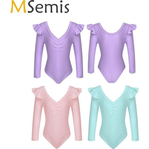 Girls Ballet Leotards One-piece Dance Dress Long Sleeve Kids V Neck Ruffled Diamonds Girls Ballet Clothes Bodysuit Dance Wear
