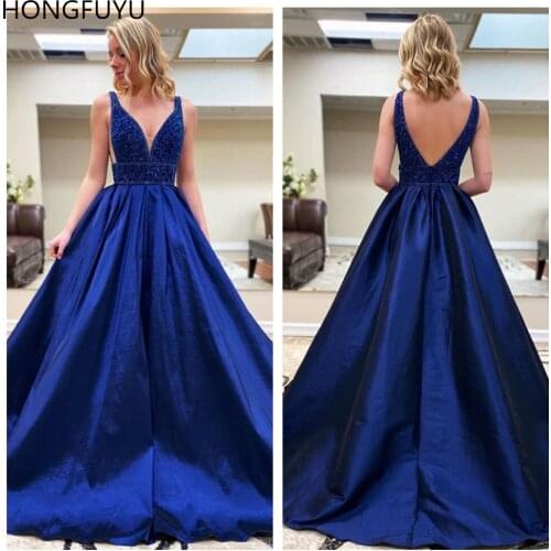 HONGFUYU Satin Prom Dresses with Crystals Long A Line Evening Gowns Formal Dress Illusion Deep V Neck Party Vestidos de Fiesta
