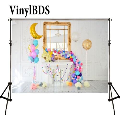 VinylBDS Licorne Anniversaire Backdrops White Brick Wall Backdrop Newborn Photocall Birthday Colourful Globos Photo