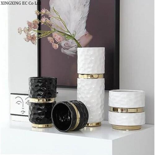 Simple Nordic Black and White Ceramic Handmade Vase Creative Cylindrical Plastic Art Ornaments Household Plant Pots Decorative