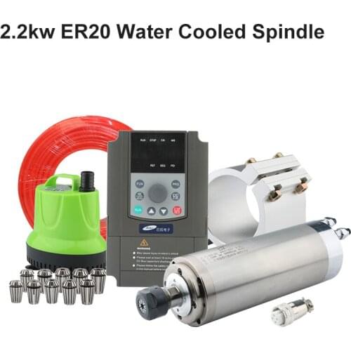 2.2kw ER20 Water-Cooled Spindle Kit CNC Spindle Motor 80*225&VFD Inverter&Submersible Pump&80mm Clamping Bracket CNC Router