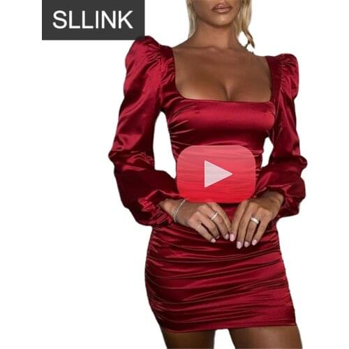 Satin Puff-Sleeve Ruched Dress for Women Solid Square Collar Sexy Dresses Ladies Streetwear Backless Summer Red Pink Black