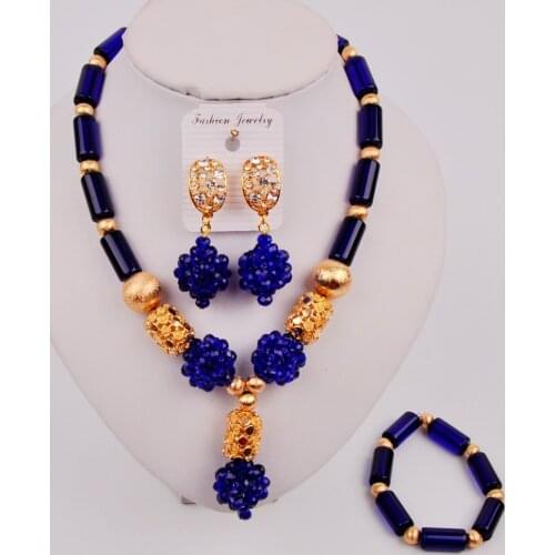 Latest Royal Blue Nigerian Wedding Set Costume African Beads Necklace Jewelry Set ZQ4-1