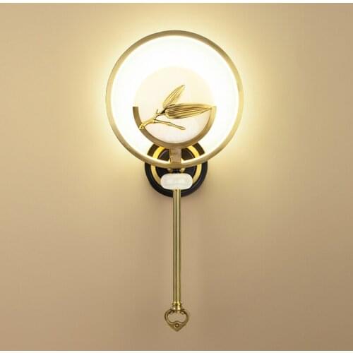 Hotel bedroom bedside copper sofa background guest room wall lamp living room jade five star new Chinese corridor lamp