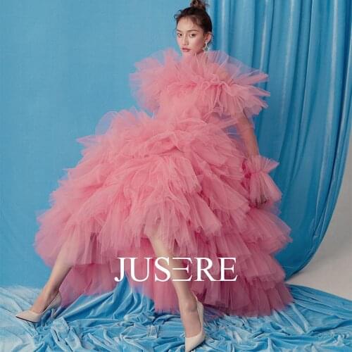 JUSERE Vestido de festa Pink long sleeves Evening Dress Ruffle Floor Length Formal Party Gowns Prom Dresses