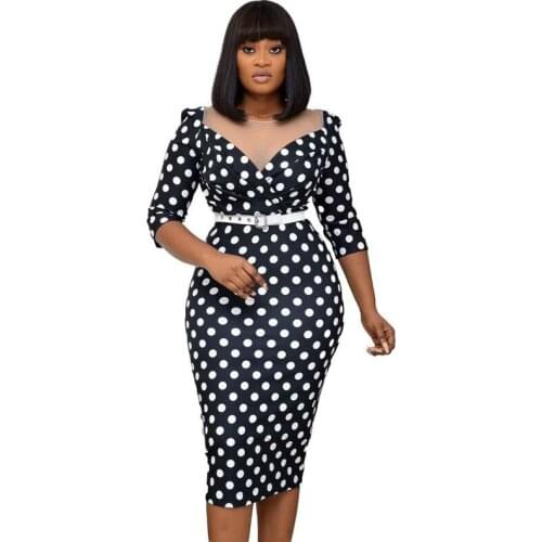 African Bodycon Dress Africa Dot Print Mesh Patchwork Office Ladies Clothes African Dresses For Women Daily Evening Party Dress