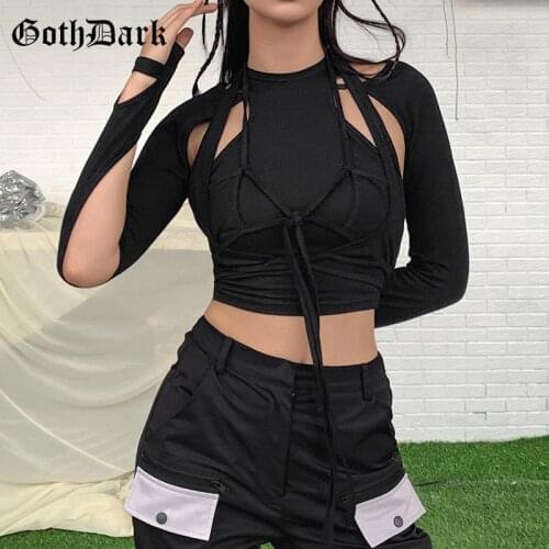 Goth Dark Gothic Bandage Chic Black T-shirts E-girl Bodycon Long Sleeve Patchwork Short Tees Punk Halter Summer Tops For Women