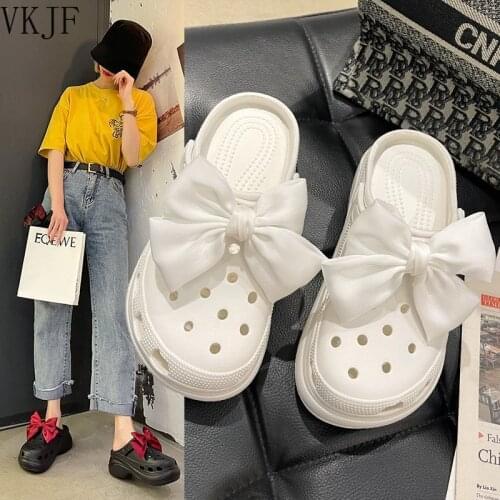 Bowknot Hole Female Ins Tide Summer New Fashion Outer Wear Net Red Slippers Thick Bottom Beach Kawayi Shoes Baotou Half Drag
