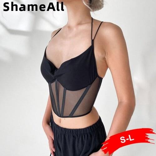 Sheer Mesh Patchwork Sling Slim Fit Corset Sexy Streetwear Crop Tops Women Back Lace Up Bandage Top Female Body Shaper Cincher
