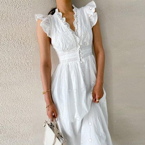 Embroidery Flying Sleeves Women Dress Summer V-neck High Waist Cotton Tunic Dresses Ladies Vintage Casual Beach Bohemian Vestido