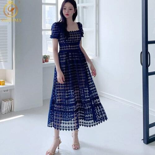 SMTHMA 2021 New Arrive Women Lace Hollow Out Long Dress High Waist Square Collar Short Sleeve Female Temperament Big Swing Dress