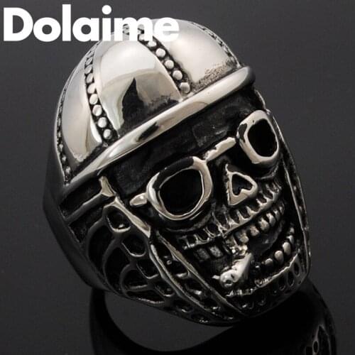 Dolaime USD 1.99/PC Locomotive style skull ring #7-13 stainless steel gothic hiphop smoking bespectacled soldier rings for men