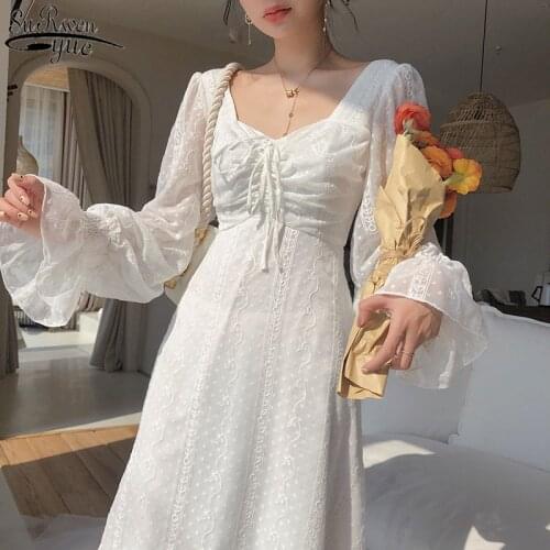 2021 Vintage Fairy Chiffon Long Dress Women Elegant French Party Midi Dress Puff Sleeve V Neck Casual Womens Clothing 14278