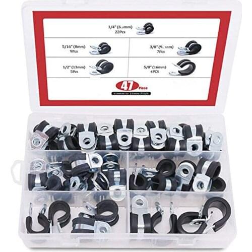 47Pcs Zinc Plated Steel Rubber Cushion Pipe Clamps Insulated Clamp Assortment Kit 1/4~5/8 inch (6mm - 16mm) Cable Clamp Pipe C