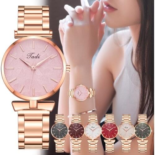Tadi Brand Women Rose Gold Stainless Steel Leaf Dial Watches Luxury Ladies Quartz Analog Watches Zegarek Damski For Gift Clock