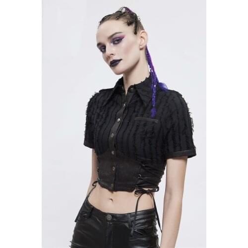 Black top gothic short-sleeved lapel tight-fitting belly strap button sexy top