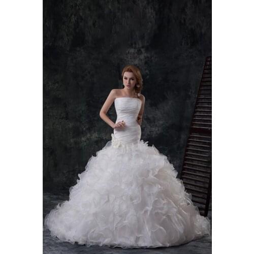 Ivory Organza Strapless Floor-Length Mermaid/ Trumpet Wedding Dresses Chapel Train Bridal Gowns Custom Made