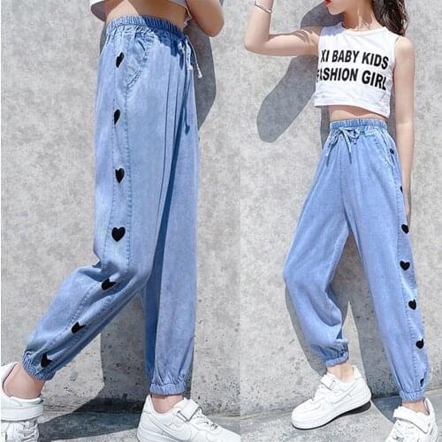 Children Cropped Trousers Girls Jeans Fashion Heart-shape Print Anti-mosquito Pants Kids Denim Pants Teenage Girls Clothing