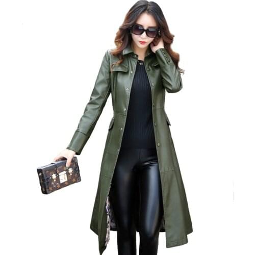 New Long Leather Jacket for Women Plus Size 5XL, Elegant Washed PU Leather Coats, Female Outerwear with Belt