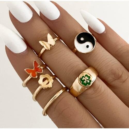 Enamel Yin Yang Leaf Butterfly Rings for Women Girls Leisure Afternoon Tea Knuckle Midi Rings Set Anillos Jewelry Accessories