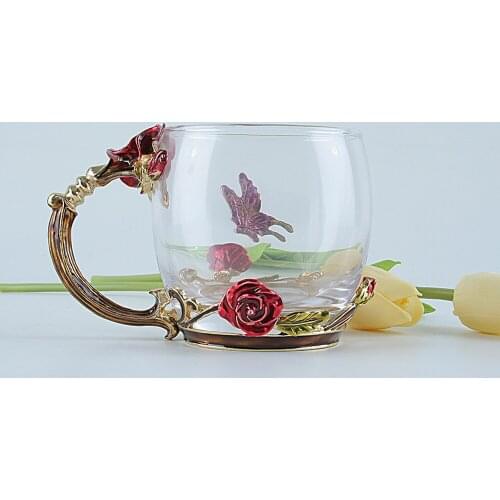New Arrival Enamel Water Glass For Drinking Crystal Types Of Drinking Glasses Rose Flower Decorated Circles Kitchen Water Cup