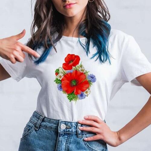 Cute Flower Print Women T-shirts Soft Girl Hot Selling Short Sleeve Animated Feminino Camiseta Tumblr Modern Series Tshirt