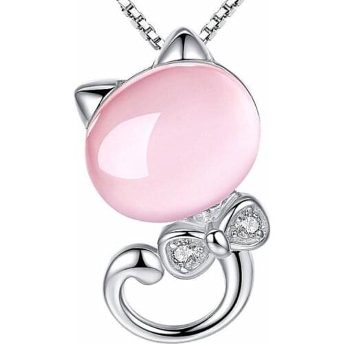 FYJS Unique Female Anniversary Gift Jewelry Silver Plated Cute Cat Rose Pink Quartz Pendant with Rhinestone Necklace