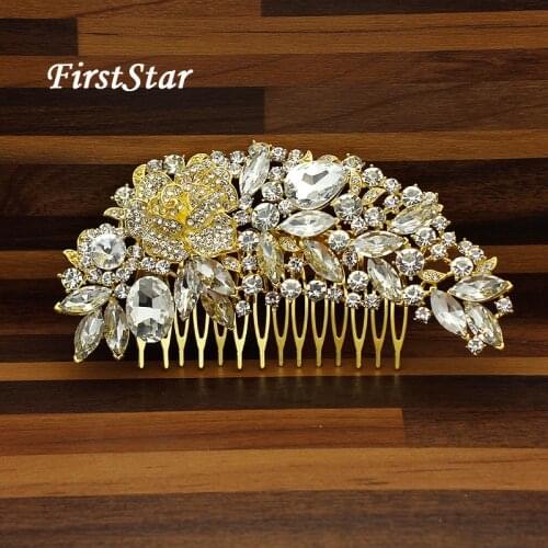 Gold Luxury Brand Flower Bouquet Austrian Crystal Headdress Rhinestone Wedding Hair Comb For Bridesmaid Women Jewelry Headpiece