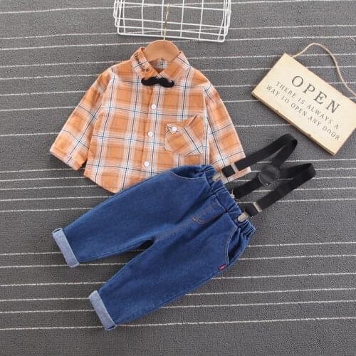 Autumn Toddler Clothes Baby Kids Boys Girls Gentleman T-shirt Plaid Romper Denim Pants Casual Outfits Fashion Cute Clothing Set