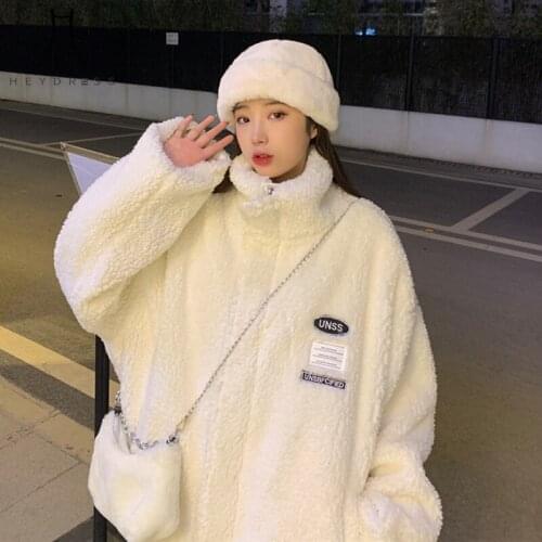 Hstar 2021 Women Thick Warm Faux Fur Coats Female Winter Stand Collar Outerwears Oversize Sheep Shearing Reversible Jackets