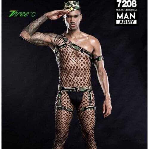 Mens Camouflage Sexy Lingerie Army Soldier Cosplay Uniform Nightclub Performance Costume Fishnet Bodysuit Gay Man Body Stocking