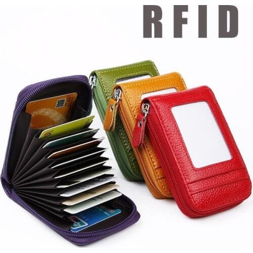 2021 New Vintage Genuine Leather Mens Wallet Credit Card Holder RFID Blocking Zipper Money Pouch Card Protect Case Pocket Purse