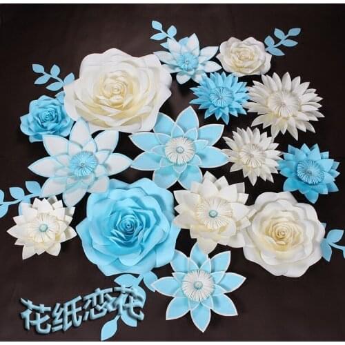 Sky Blue With White Artificial Cardboard Paper Rose flower wall Event decoration Wedding flower backdrop