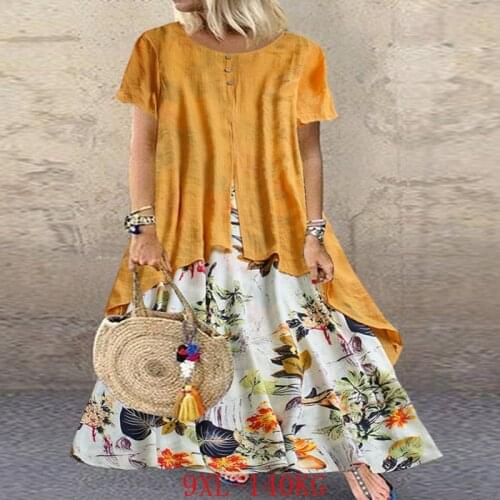 Autumn large size dress 6XL-9XL bust 148CM fashion womens cotton and linen printed round neck short sleeve fake two-piece dress