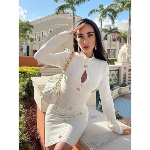 Autumn White Black Buttons Sexy Hollow Out Women Bandage Dress Party Robe Streetwear Femme Long Sleeve Casual Slim Robe F2316